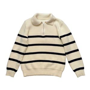 Dazy Quarter Zip Striped Polo Neck Sweater In Beige & Black